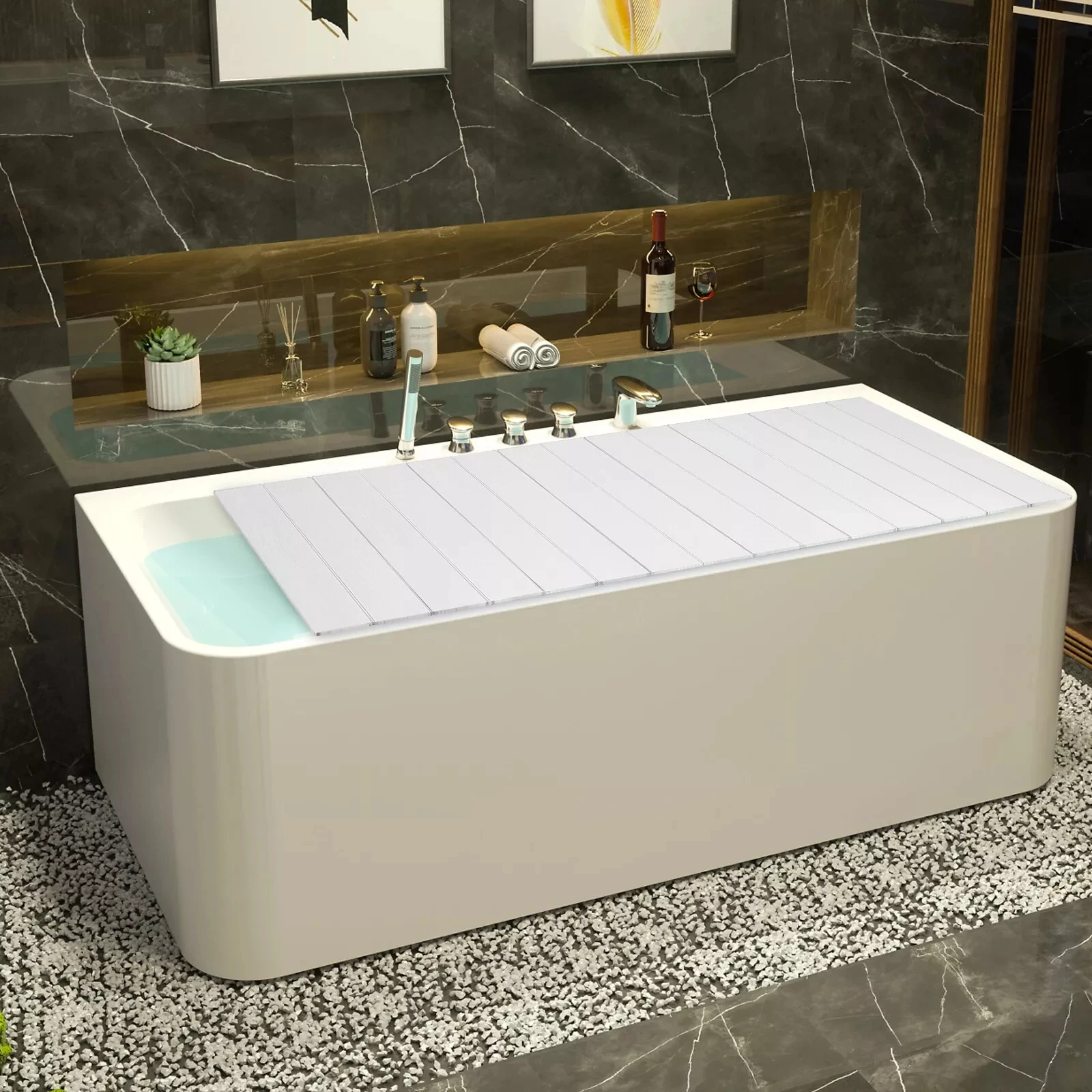 Home Bathroom Spa - Folding Bathtub Cover White Wood Grain