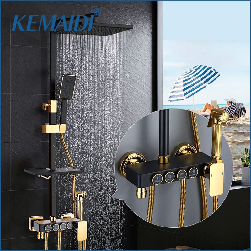 Home Bathroom Faucets - KEMAIDI Black Gold Shower Faucet Set