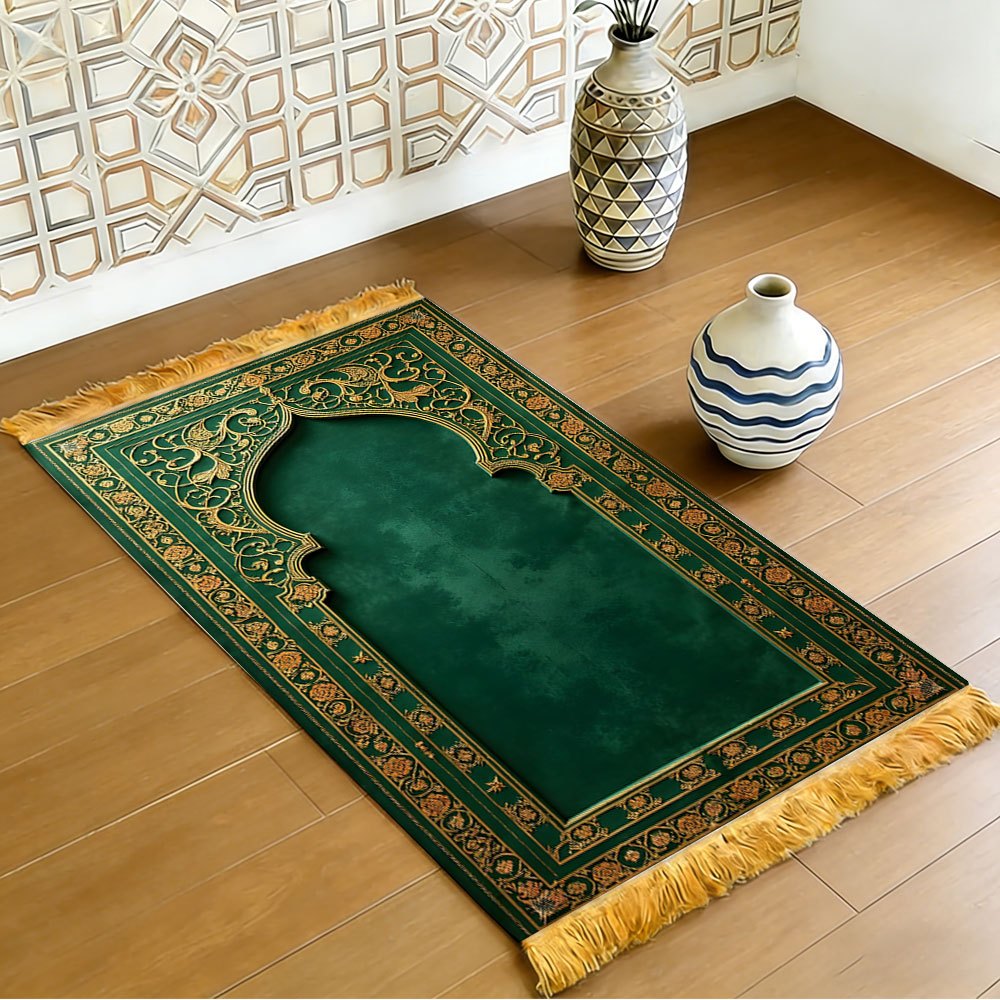 Home Bathroom Carpet - Dark Green Gold Floral Arch Islamic